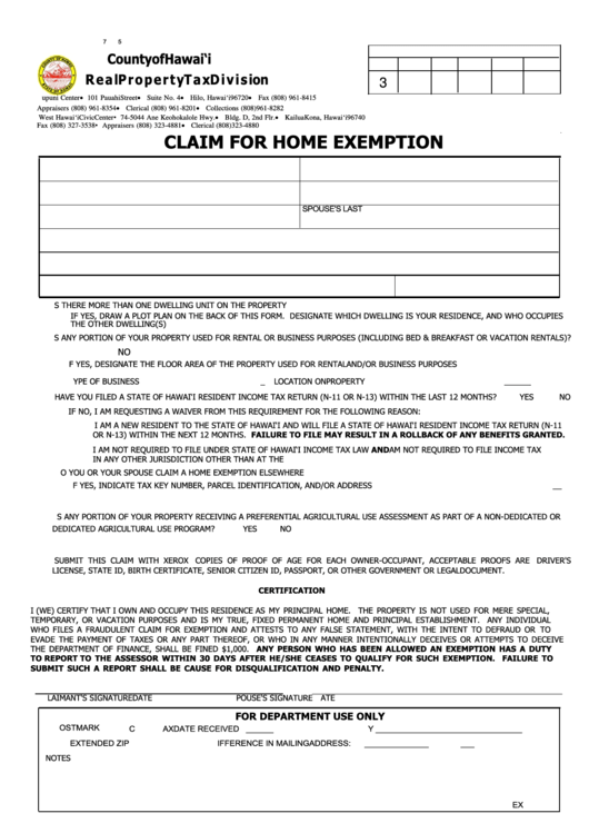 Fillable Rp Form 19-71 Claim For Home Exemption Printable pdf
