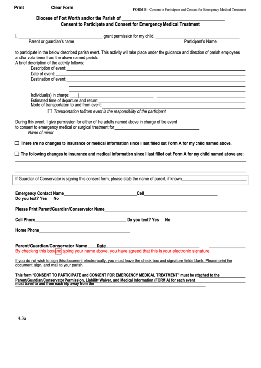 Fillable Form B - Consent To Participate And Consent For Emergency Medical Treatment Printable pdf