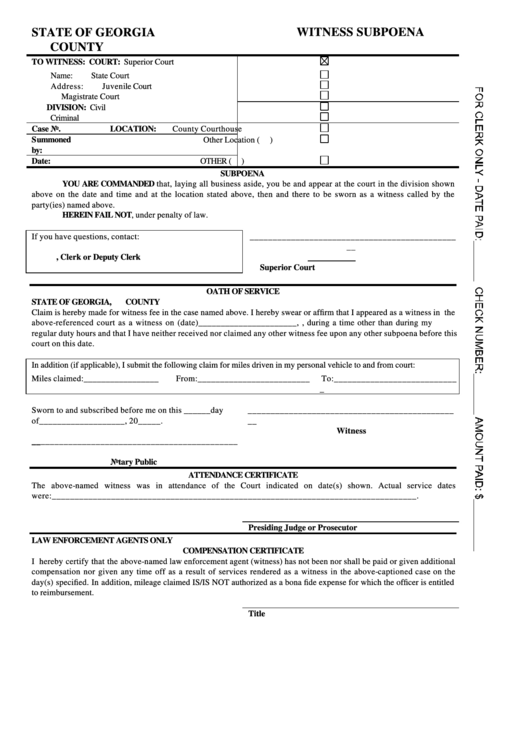 Fillable Witness Subpoena Form - State Of Georgia County Printable pdf