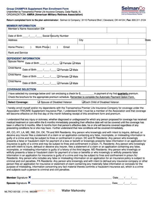 Form Mltrc1001ge -Group Champva Supplement Plan Enrollment Form printable pdf download