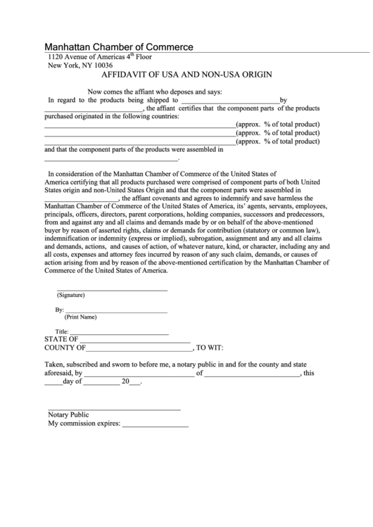 Fillable Affidavit Of Usa And Non-Usa Origin Form Printable pdf