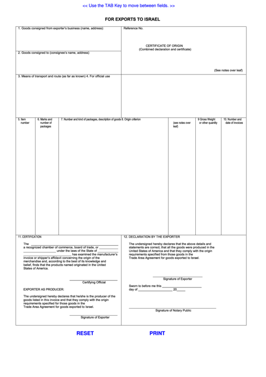 Fillable U.s. Certificate Of Origin For Exports To Israel Form Printable pdf