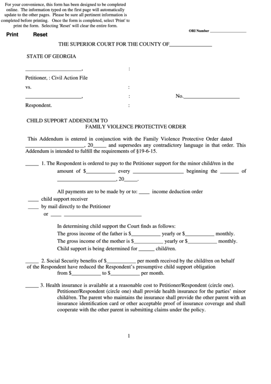 Child Support Addendum To Family Violence Protective Order Form