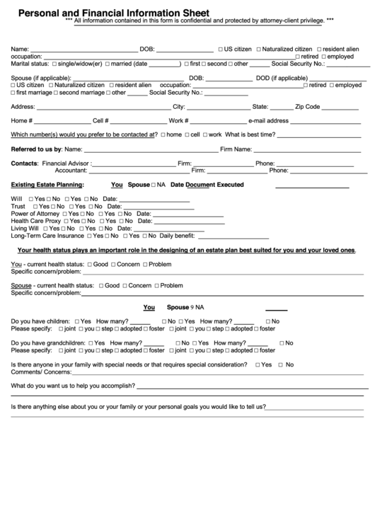 Personal And Financial Information Form Printable pdf