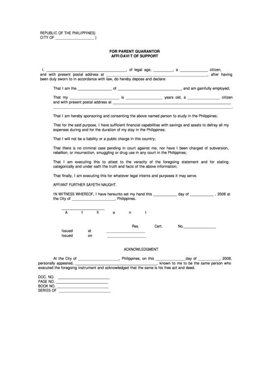Fillable Affidavit Of Support For Parent Guarantor - Republic Of The Philippines Printable pdf