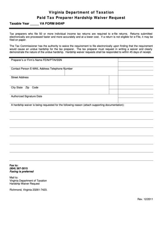 Va Form 8454p Paid Tax Preparer Hardship Waiver Request Printable pdf