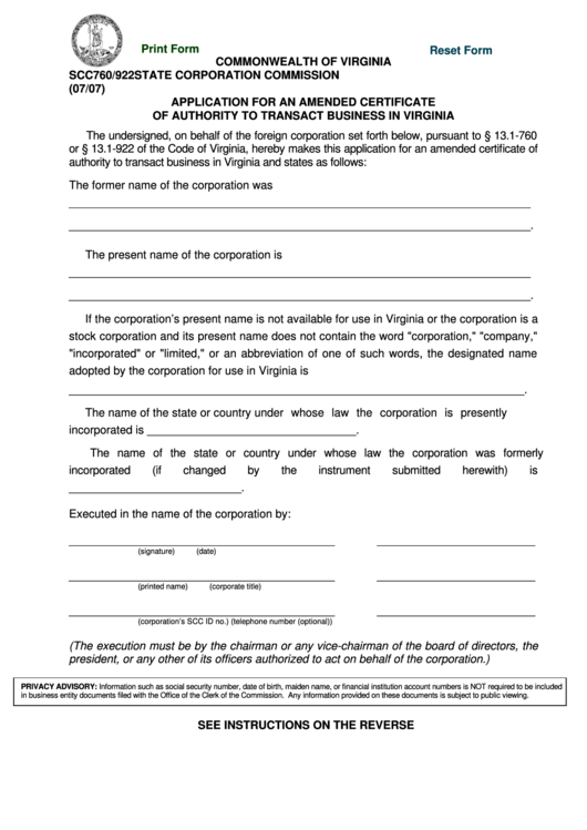 Fillable Application For An Amended Certificate Of Authority To Transact Business In Virginia Form - Commonwealth Of Virginia Printable pdf