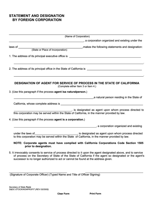 Fillable Statement And Designation By Foreign Corporation - California Secretary Of State - 2005 Printable pdf