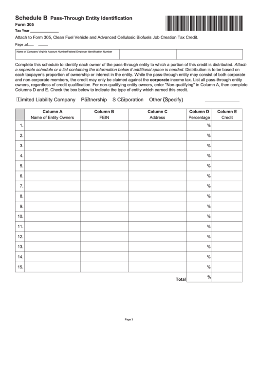 Fillable Form 305 - Schedule B - Pass-Through Entity Identification Printable pdf