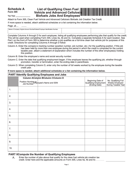 Fillable Form 305 - Schedule A - List Of Qualifying Clean Fuel Vehicle And Advanced Cellulosic Biofuels Jobs And Employees Printable pdf