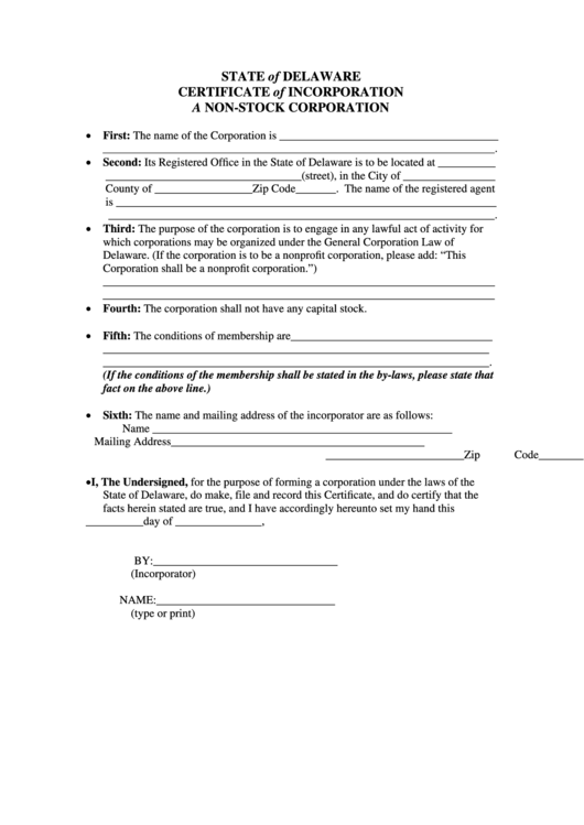 Certificate Of Incorporation A Non-Stock Corporation Form Printable pdf