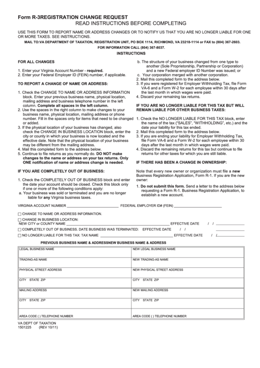 Fillable Form R-3 Registration Change Request - 2011 Printable pdf