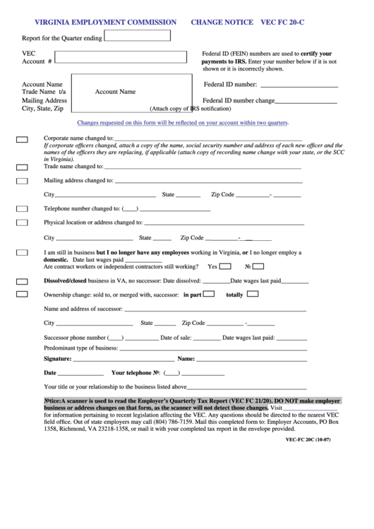 Vec Fc 20-C Form - Change Notice - Virginia Employment Commission Printable pdf
