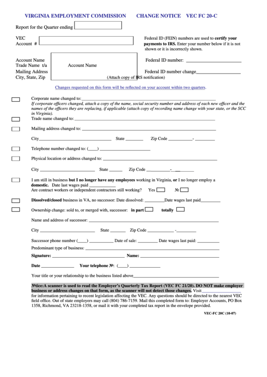 Vec Fc 20 C Form Change Notice Virginia Employment Commission Printable Pdf Download