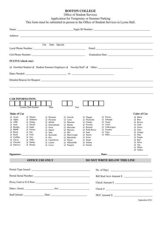 Application For Temporary Or Summer Parking Form Printable pdf