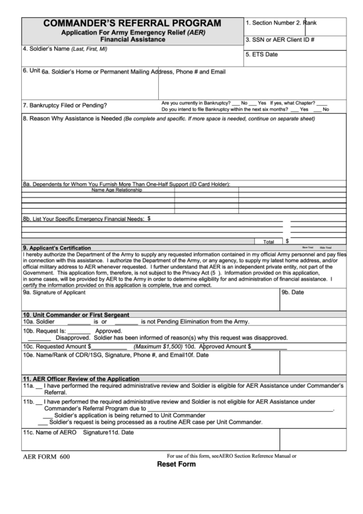 Fillable Aer Form 600 - Application For Army Emergency Relief (Aer) Financial Assistance - Commander