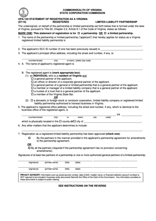 Form Upa-132 - Statement Of Registration As A Virginia Registered Limited Liability Partnership Printable pdf