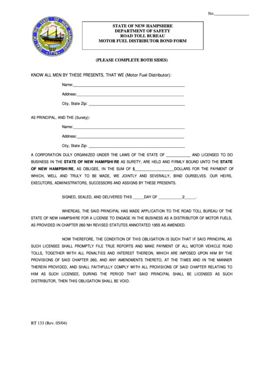 Fillable Form Rt 133 - Motor Fuel Distributor Bond Form - Departament Of Safety Road Toll Bureau, State Of New Hampshire Printable pdf