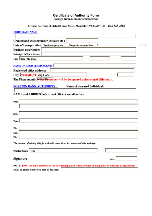 Certificate Of Authority Form Foreign (Non-Vermont) Corporation Printable pdf