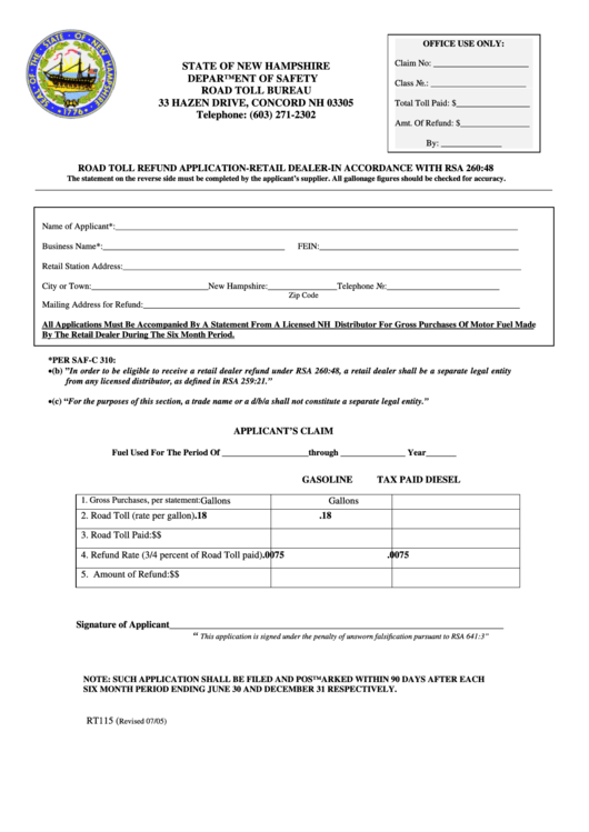 Fillable Form Rt115 - Road Toll Refund Application - Departament Of Safety Road Toll Bureau, State Of New Hampshire Printable pdf