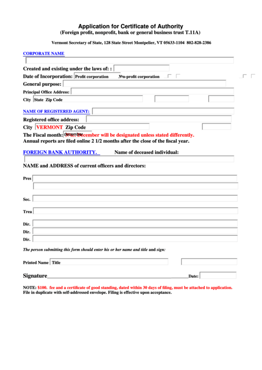 Application For Certificate Of Authority (Foreign Profit, Nonprofit, Bank Or General Business Trust T.11a) Form Printable pdf