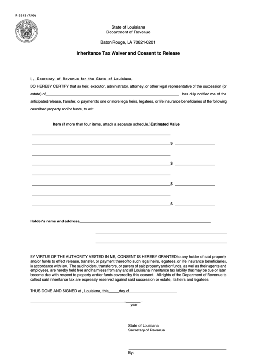 Fillable Form R-3313 - Inheritance Tax Waiver And Consent To Release Printable pdf
