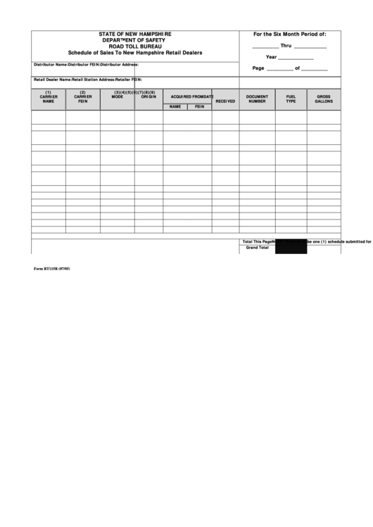 Form Rt115r - Schedule Of Sales To New Hampshire Retail Dealers - Departament Of Safety Road Toll Bureau, State Of New Hampshire Printable pdf