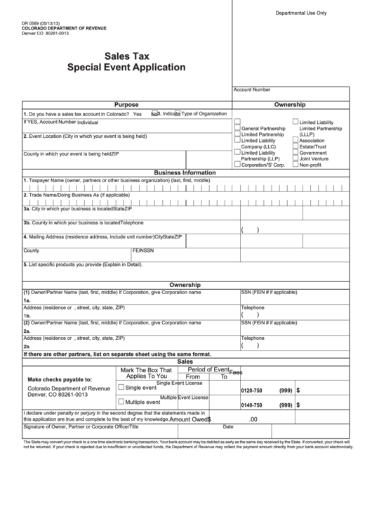 Form Dr 0589 - Sales Tax Special Event Application - Departament Of Revenue, State Of Colorado Printable pdf
