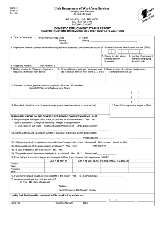 Form 1d - Domestic Employment Status Report (2001) Printable pdf