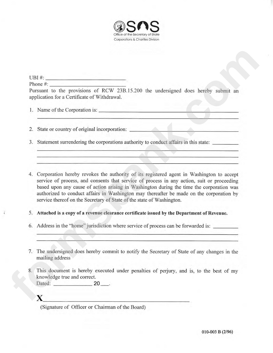 010-003 B Application For Certificate Of Withdrawal Rcw 23b.15.200 Form