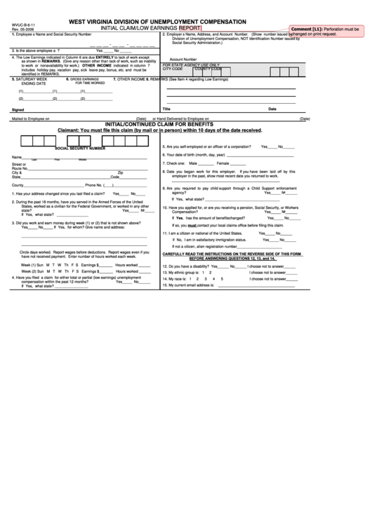 Form Wvucb611 Initial Claim/low Earnings Report West Virginia