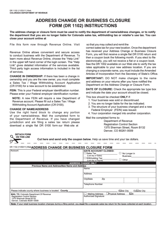Form Dr 1102 - Address Change Or Business Closure - Departament Of Revenue, State Of Colorado Printable pdf