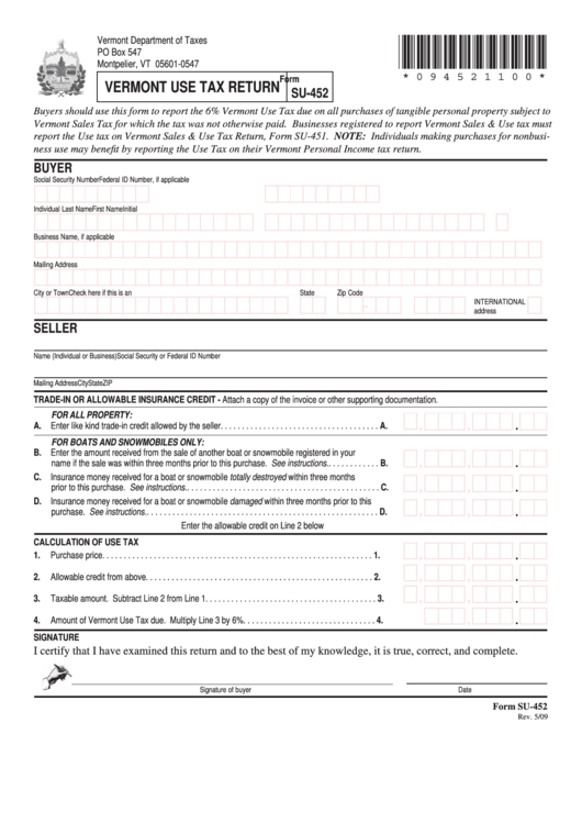 Form Su-452 - Vermont Use Tax Return - Vt Department Of Taxes - 2009 Printable pdf