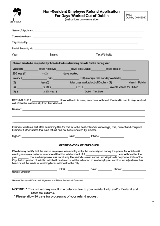Fillable Non-Resident Employee Refund Application For Days Worked Out Of Dublin Printable pdf