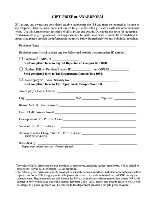 Fillable Irs Gift, Prize Or Award Nomination Form Printable pdf