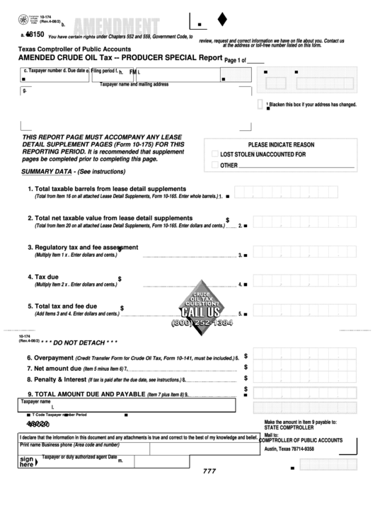 Fillable Form 10-174 - Amended Crude Oil Tax - Producer Special Report - 2008/2 Printable pdf