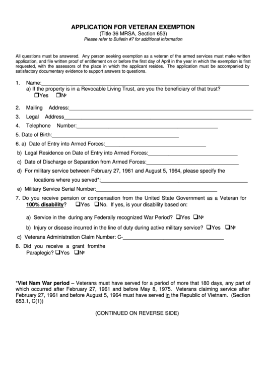 Application For Veteran Exemption Form 2005 Printable pdf
