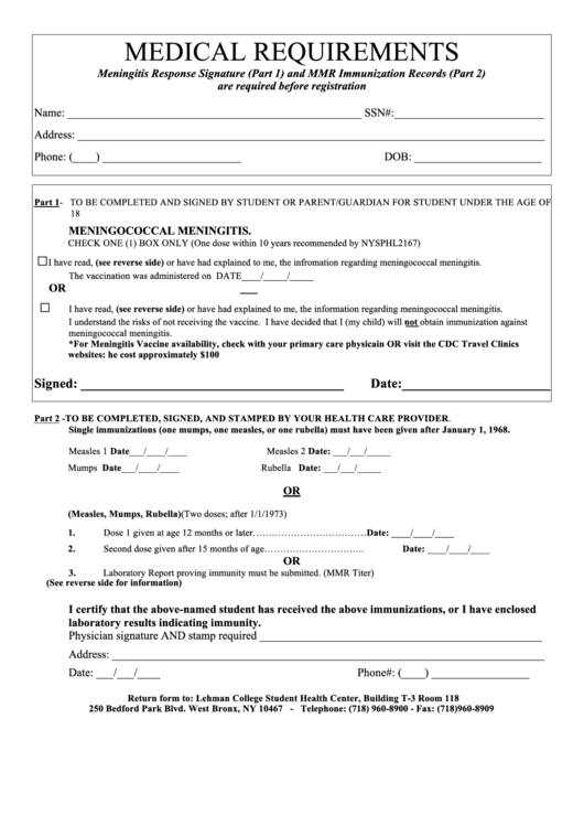 Medical Requirements Form Printable pdf