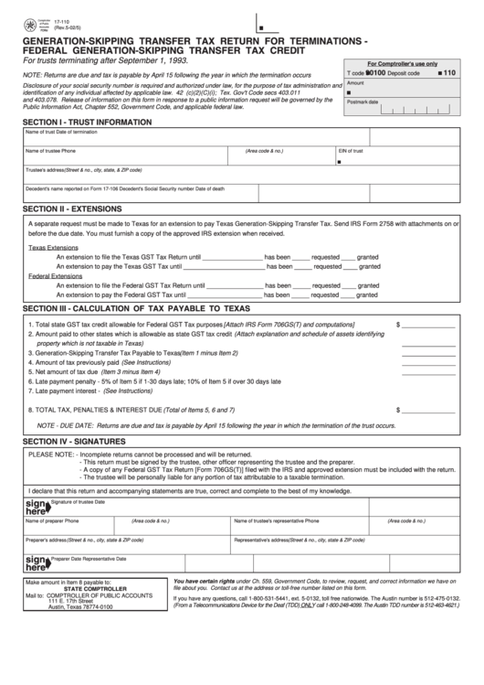 Fillable Form 17-110 - Generation-Skipping Transfer Tax Return For Terminations-Federal Generation - Skipping Transfer Tax Credit Printable pdf