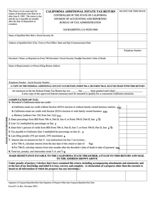 Fillable Form Et-1a - California Additional Estate Tax Return Printable pdf