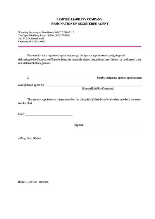 Fillable Limited Liability Company Resignation Of Registered Agent Form Printable pdf