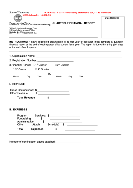 Fillable Form Ss - 6039 Quarterly Financial Report Printable pdf
