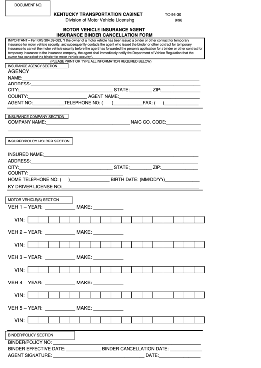 Insurance Binder Cancellation Form Printable pdf
