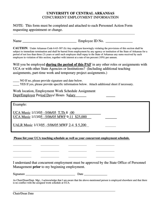 Fillable Concurrent Employment Information Form Printable pdf