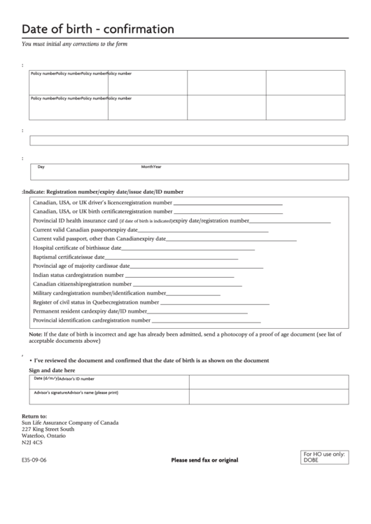 Date Of Birth Confirmation Form Printable pdf