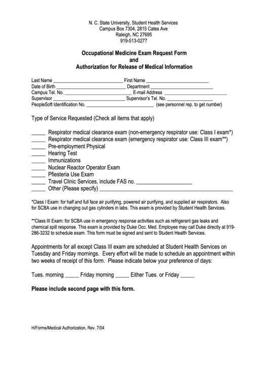 Occupational Medicine Exam Request Form And Authorization For Release Of Medical Information Printable pdf