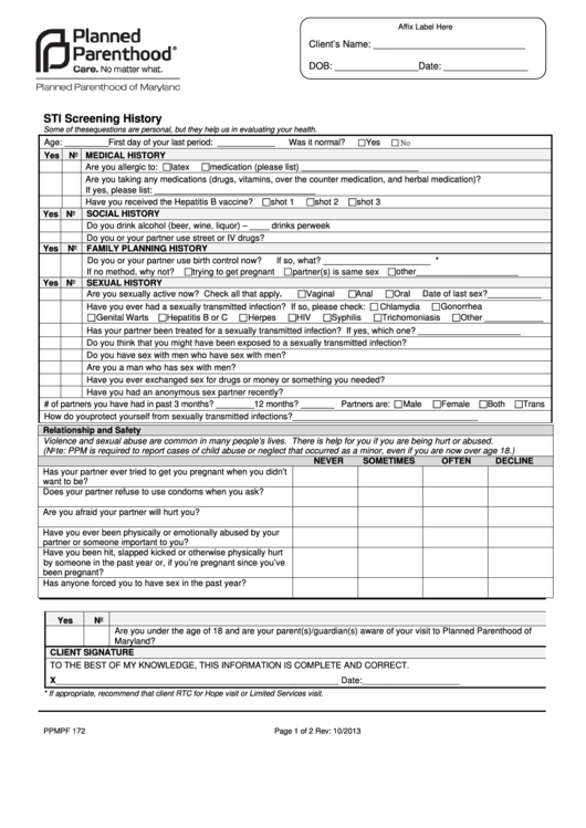 Sti Screening History Form - Planned Parenthood Of Maryland Printable pdf