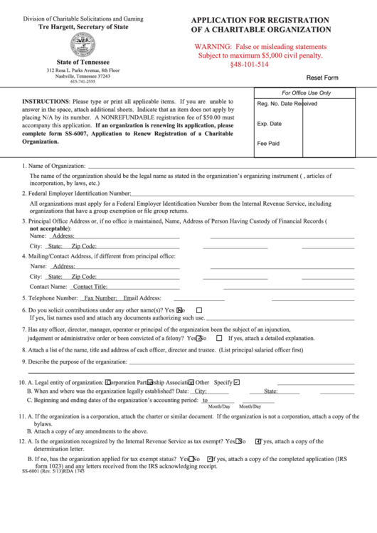 Fillable Form Ss-6001 - Application For Registration Of A Charitable Organization Printable pdf