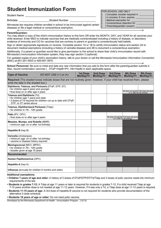 Student Immunization Form Printable pdf