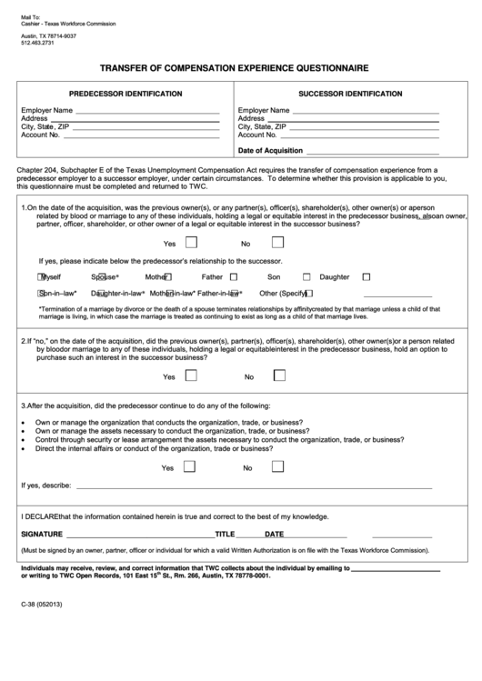 Fillable Form C-38 Transfer Of Compensation Experience Questionnaire Printable pdf
